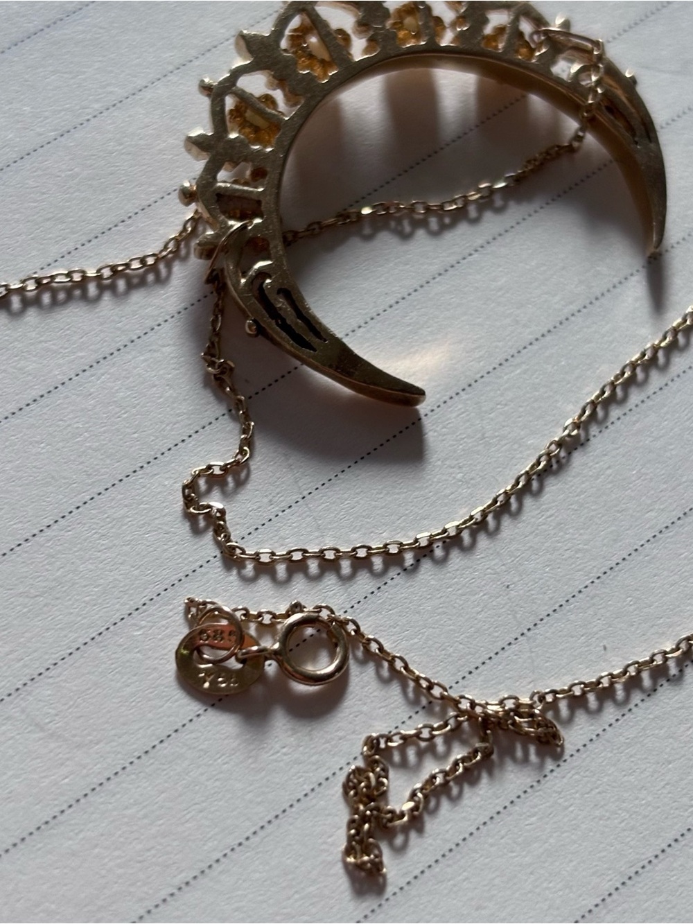 Antique Gold Crescent Necklace with Opalescent Stones - Women Jewelry - Picture 5 of 9